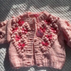 Handmade Pink Knit Cardigan with Bows